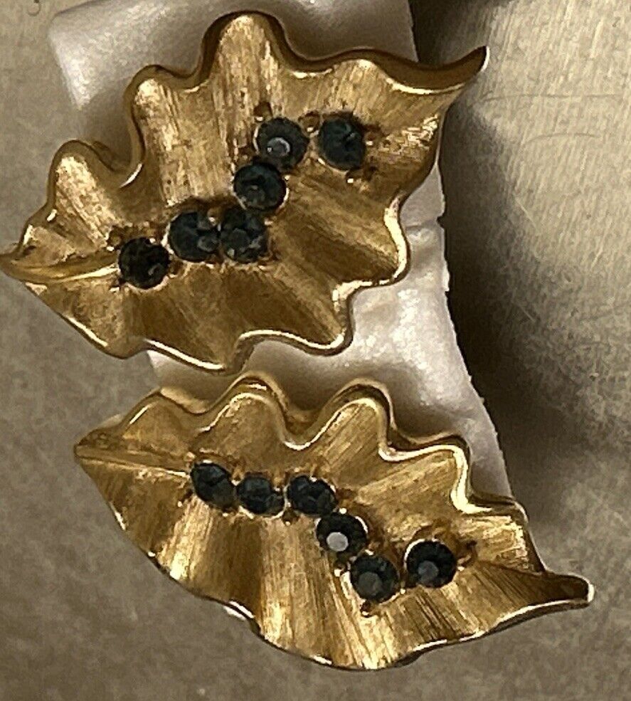 Vintage Crown Trifari Earrings Montana Blue & Gold Rhinestones Ruffled Leaf - Vintage Jewelry Collective