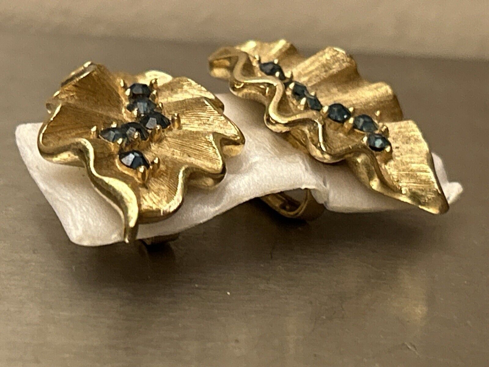 Vintage Crown Trifari Earrings Montana Blue & Gold Rhinestones Ruffled Leaf - Vintage Jewelry Collective