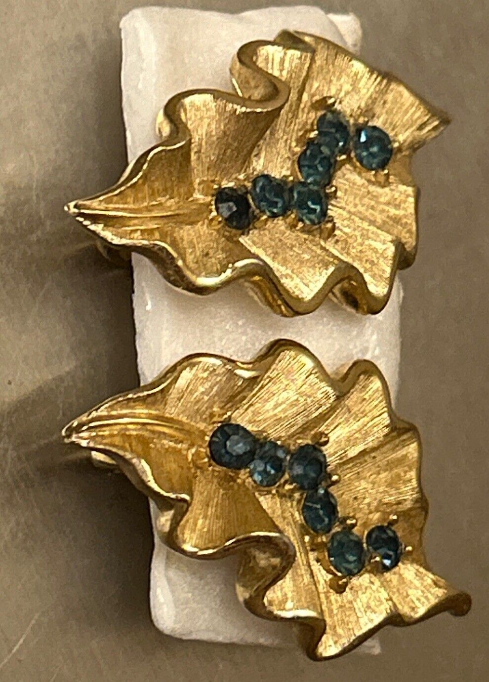 Vintage Crown Trifari Earrings Montana Blue & Gold Rhinestones Ruffled Leaf - Vintage Jewelry Collective