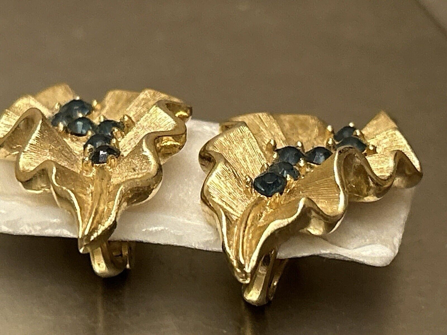 Vintage Crown Trifari Earrings Montana Blue & Gold Rhinestones Ruffled Leaf - Vintage Jewelry Collective