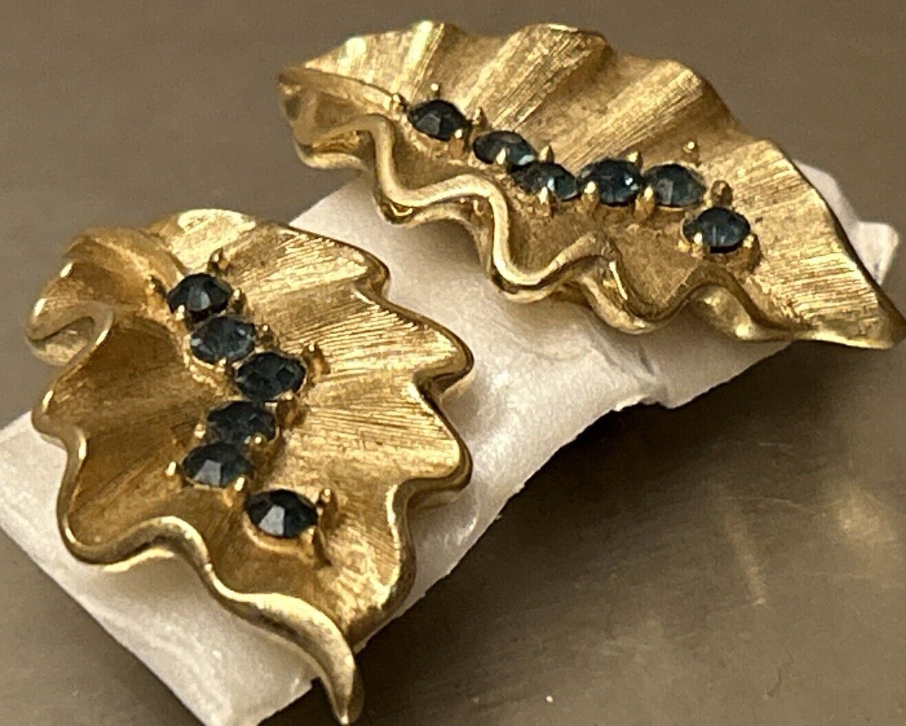 Vintage Crown Trifari Earrings Montana Blue & Gold Rhinestones Ruffled Leaf - Vintage Jewelry Collective