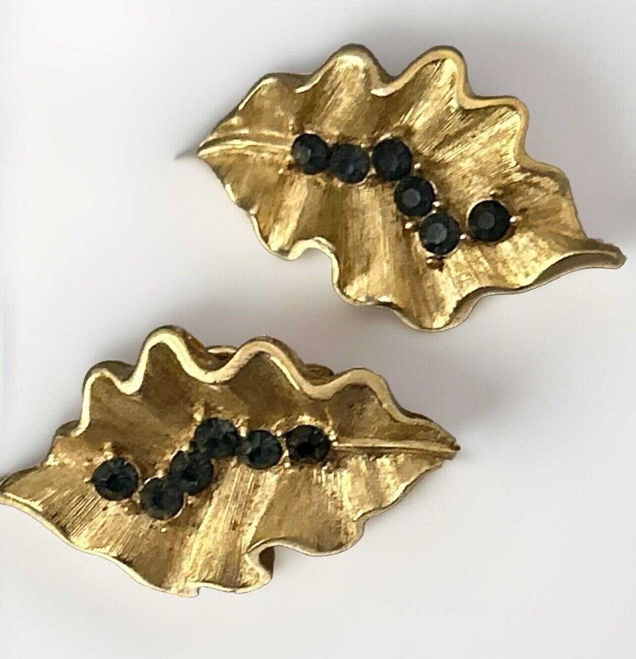 Vintage Crown Trifari Earrings Montana Blue & Gold Rhinestones Ruffled Leaf - Vintage Jewelry Collective