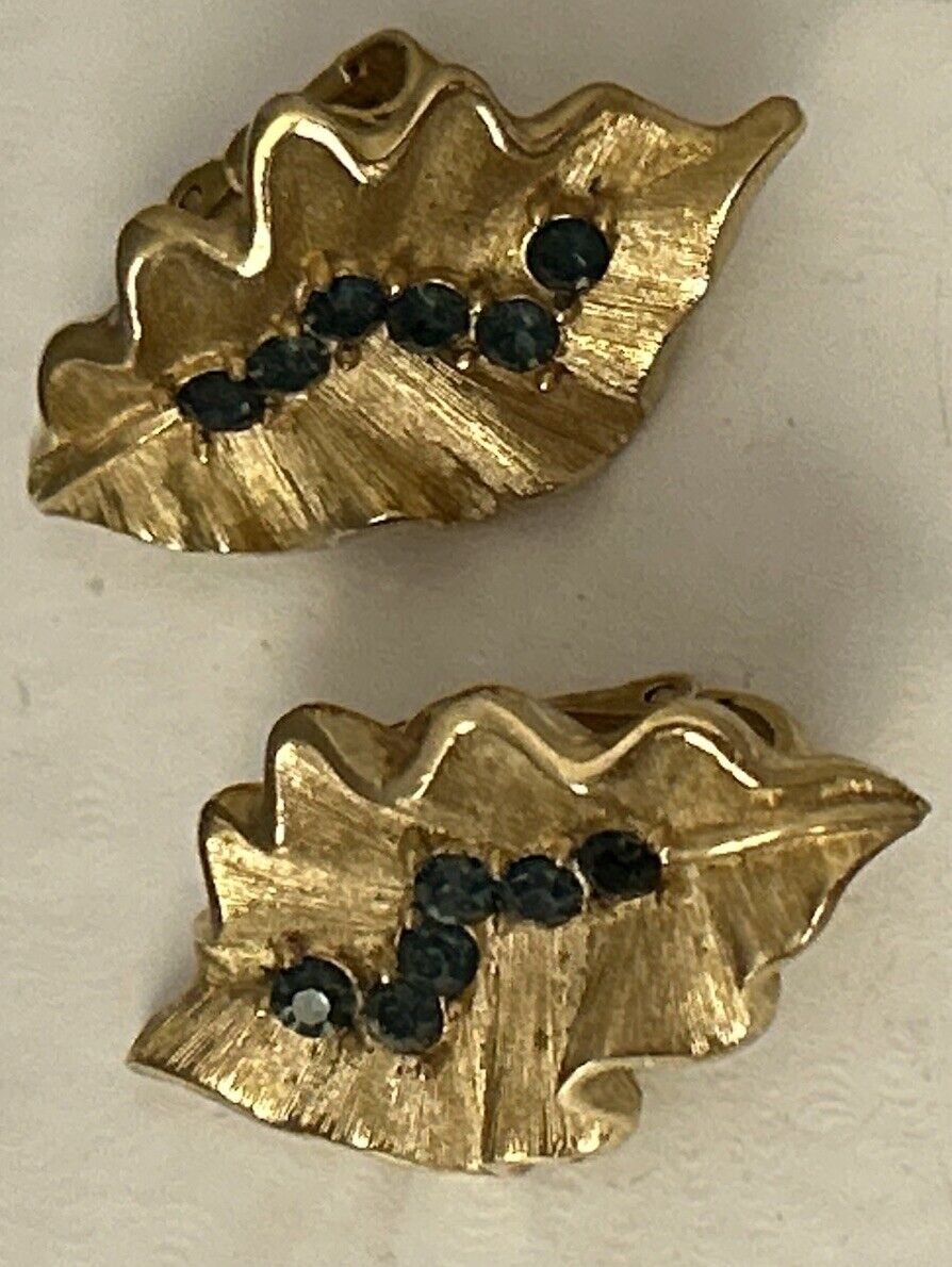 Vintage Crown Trifari Earrings Montana Blue & Gold Rhinestones Ruffled Leaf - Vintage Jewelry Collective