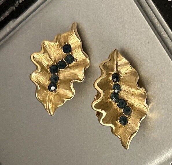 Vintage Crown Trifari Earrings Montana Blue & Gold Rhinestones Ruffled Leaf - Vintage Jewelry Collective