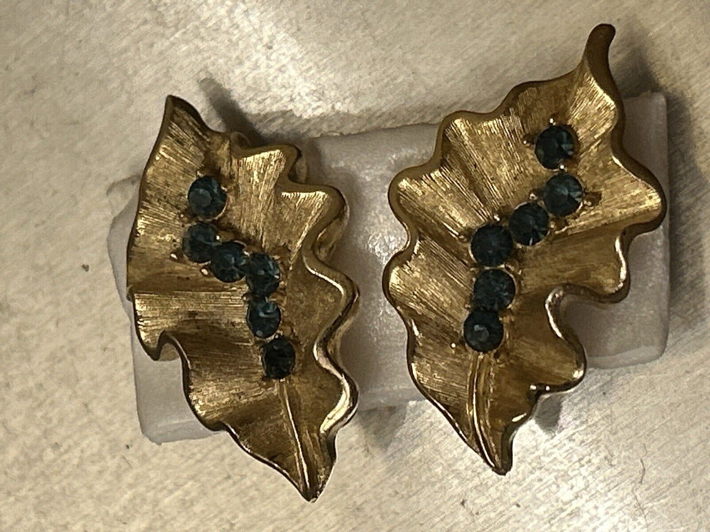 Vintage Crown Trifari Earrings Montana Blue & Gold Rhinestones Ruffled Leaf - Vintage Jewelry Collective