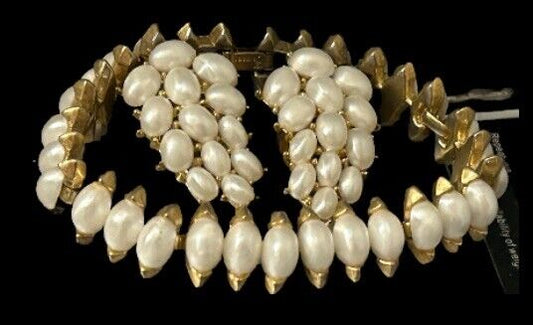 Vintage Crown Trifari Philippe Golden Pearl Bracelet & Earrings Set 1950’s - Vintage Jewelry Collective