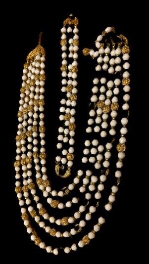 Vintage Crown Trifari White Glass Gold Bead 5 Strand Necklace & Bracelet Set - Vintage Jewelry Collective