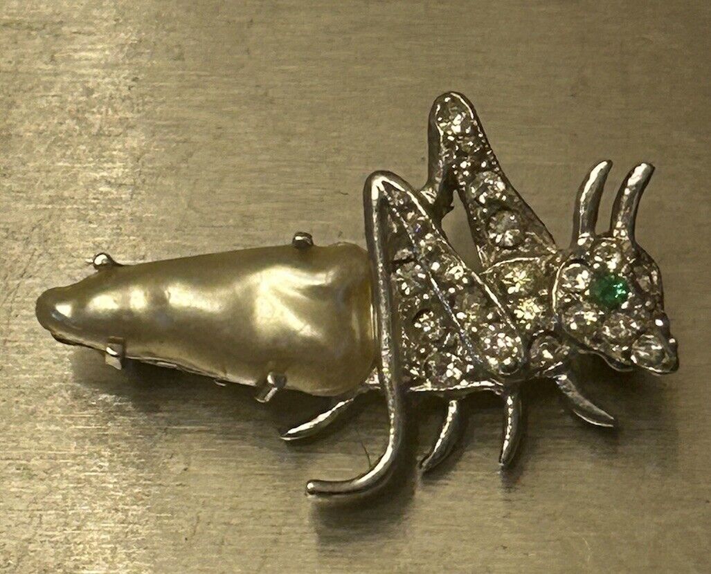 RARE Vintage Crown Trifari Pearl Belly Grasshopper Cricket Pin Rhinestone Brooch - Vintage Jewelry Collective