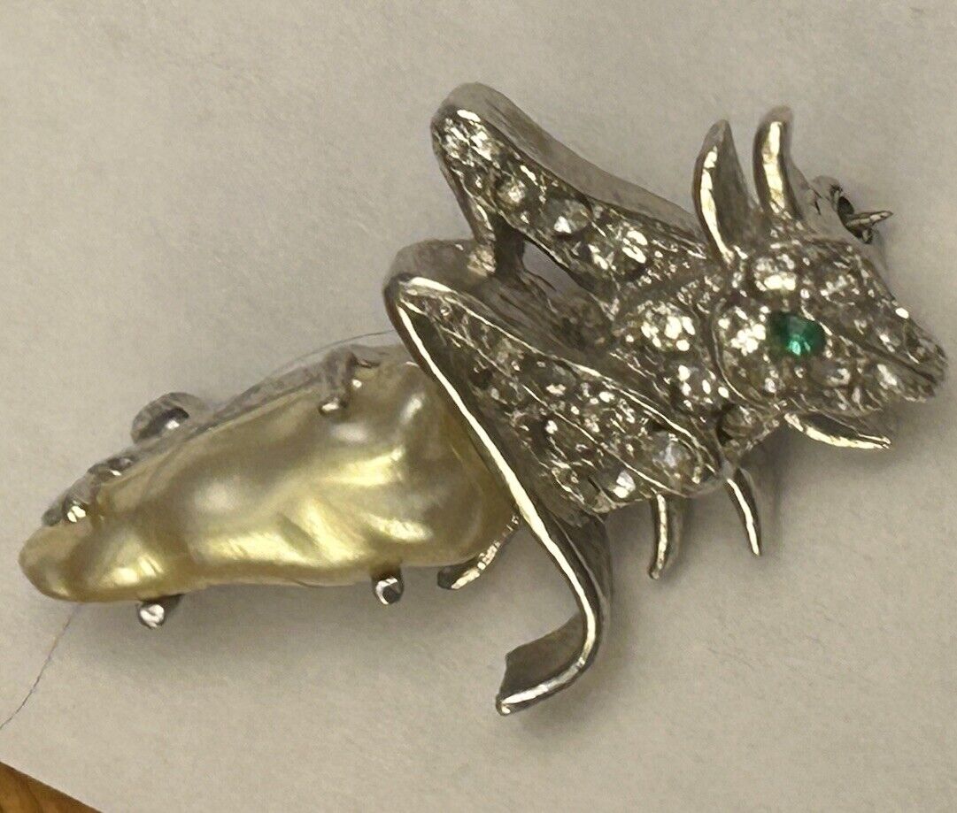 RARE Vintage Crown Trifari Pearl Belly Grasshopper Cricket Pin Rhinestone Brooch - Vintage Jewelry Collective