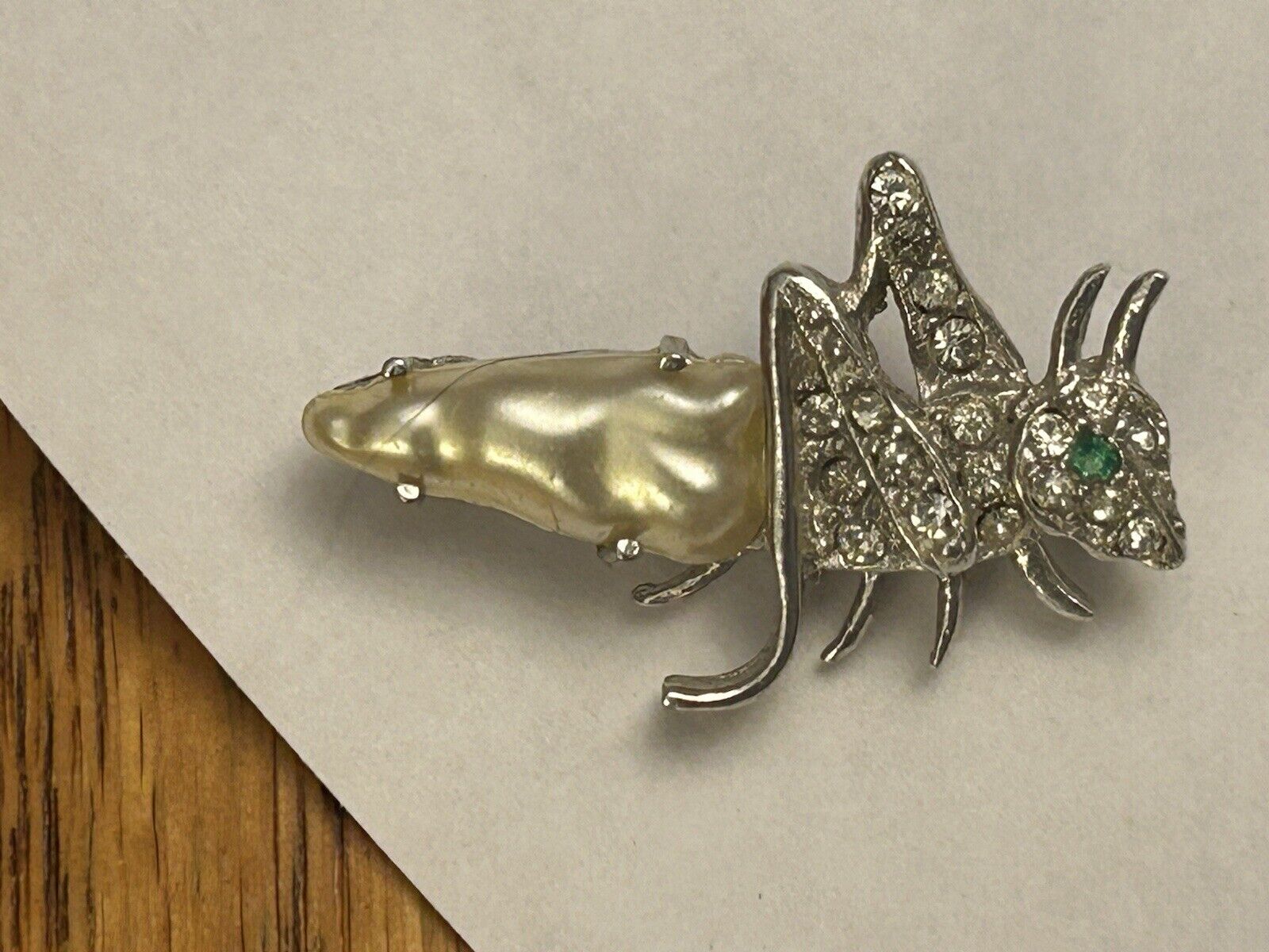 RARE Vintage Crown Trifari Pearl Belly Grasshopper Cricket Pin Rhinestone Brooch - Vintage Jewelry Collective