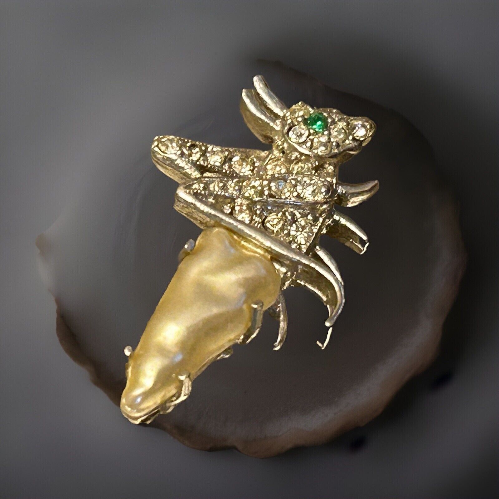 RARE Vintage Crown Trifari Pearl Belly Grasshopper Cricket Pin Rhinestone Brooch - Vintage Jewelry Collective