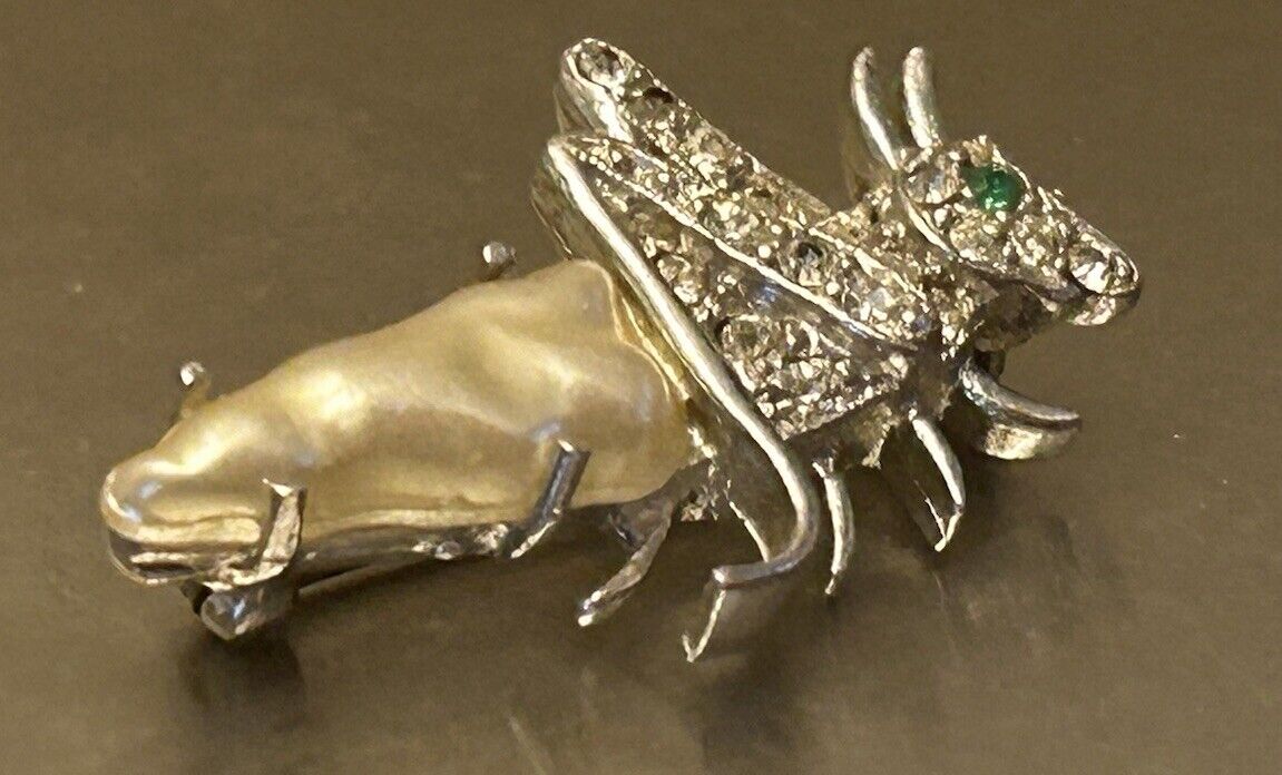 RARE Vintage Crown Trifari Pearl Belly Grasshopper Cricket Pin Rhinestone Brooch - Vintage Jewelry Collective