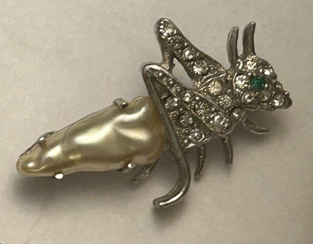 RARE Vintage Crown Trifari Pearl Belly Grasshopper Cricket Pin Rhinestone Brooch - Vintage Jewelry Collective