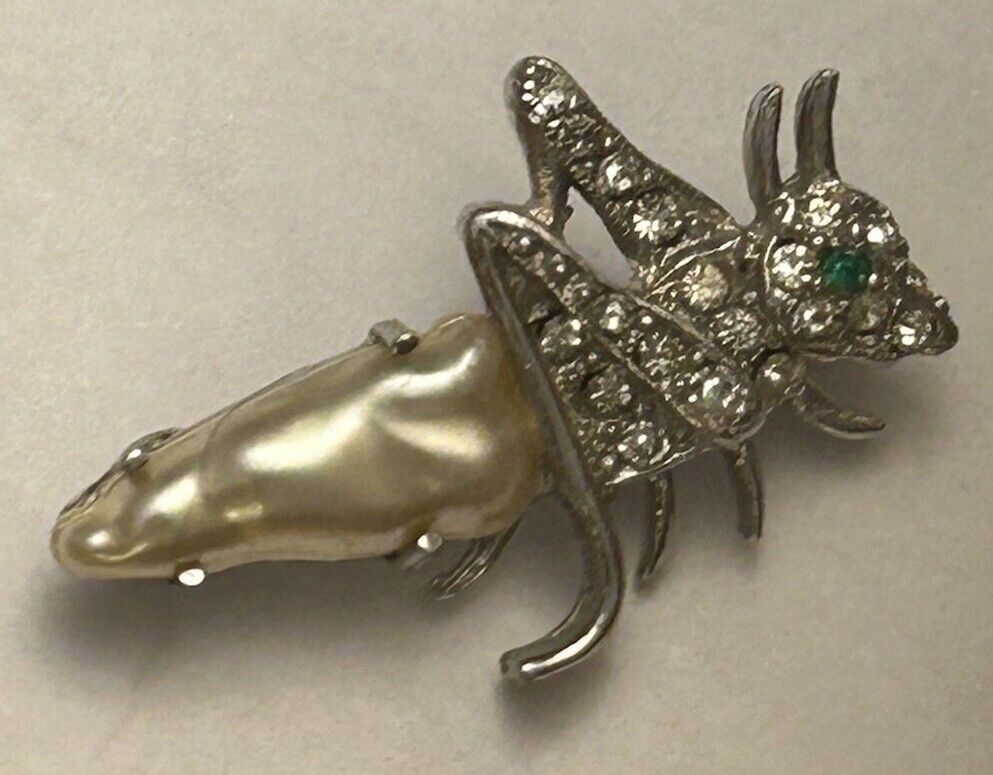 RARE Vintage Crown Trifari Pearl Belly Grasshopper Cricket Pin Rhinestone Brooch - Vintage Jewelry Collective