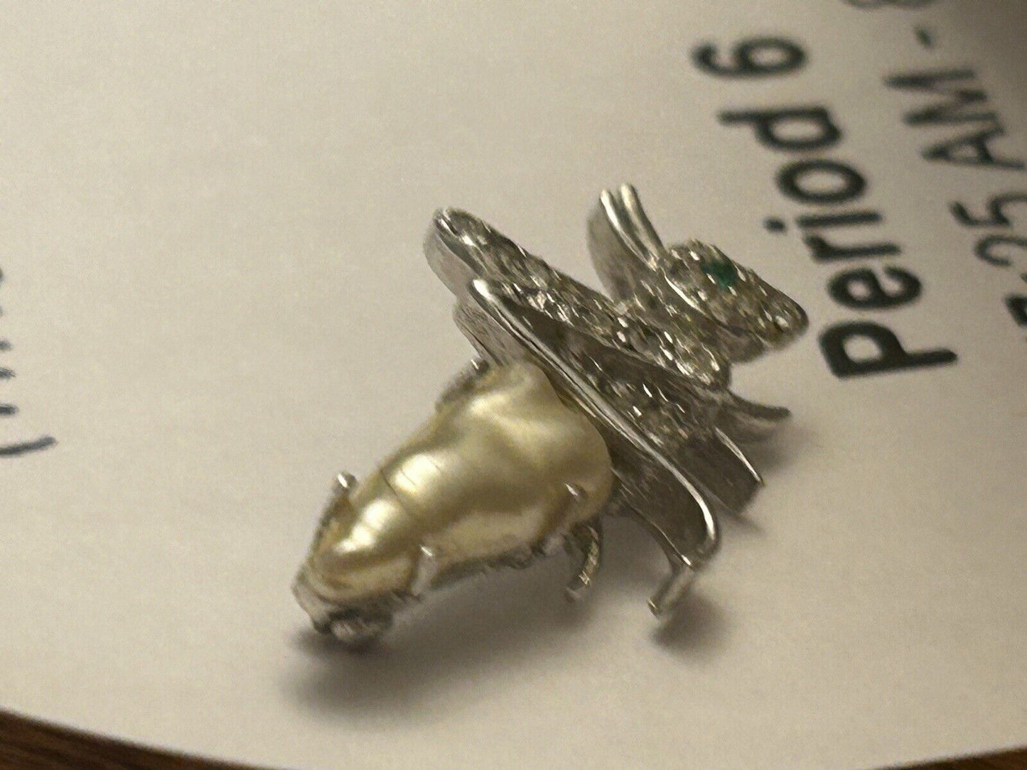 RARE Vintage Crown Trifari Pearl Belly Grasshopper Cricket Pin Rhinestone Brooch - Vintage Jewelry Collective