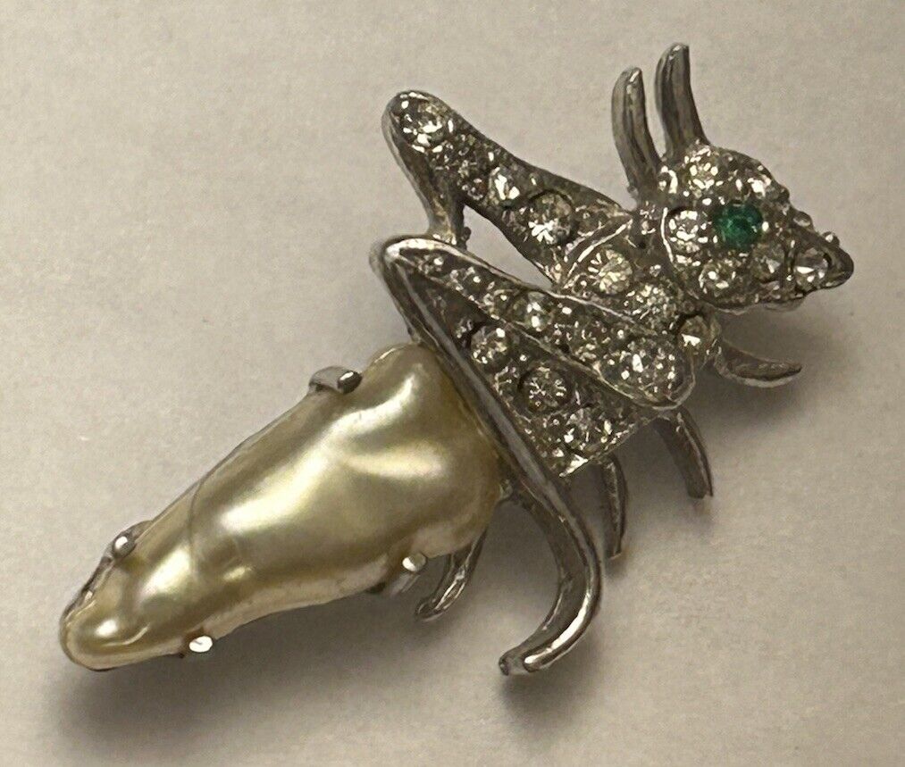 RARE Vintage Crown Trifari Pearl Belly Grasshopper Cricket Pin Rhinestone Brooch - Vintage Jewelry Collective