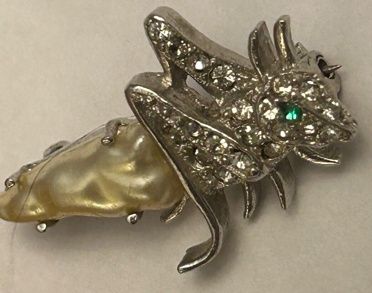 RARE Vintage Crown Trifari Pearl Belly Grasshopper Cricket Pin Rhinestone Brooch - Vintage Jewelry Collective