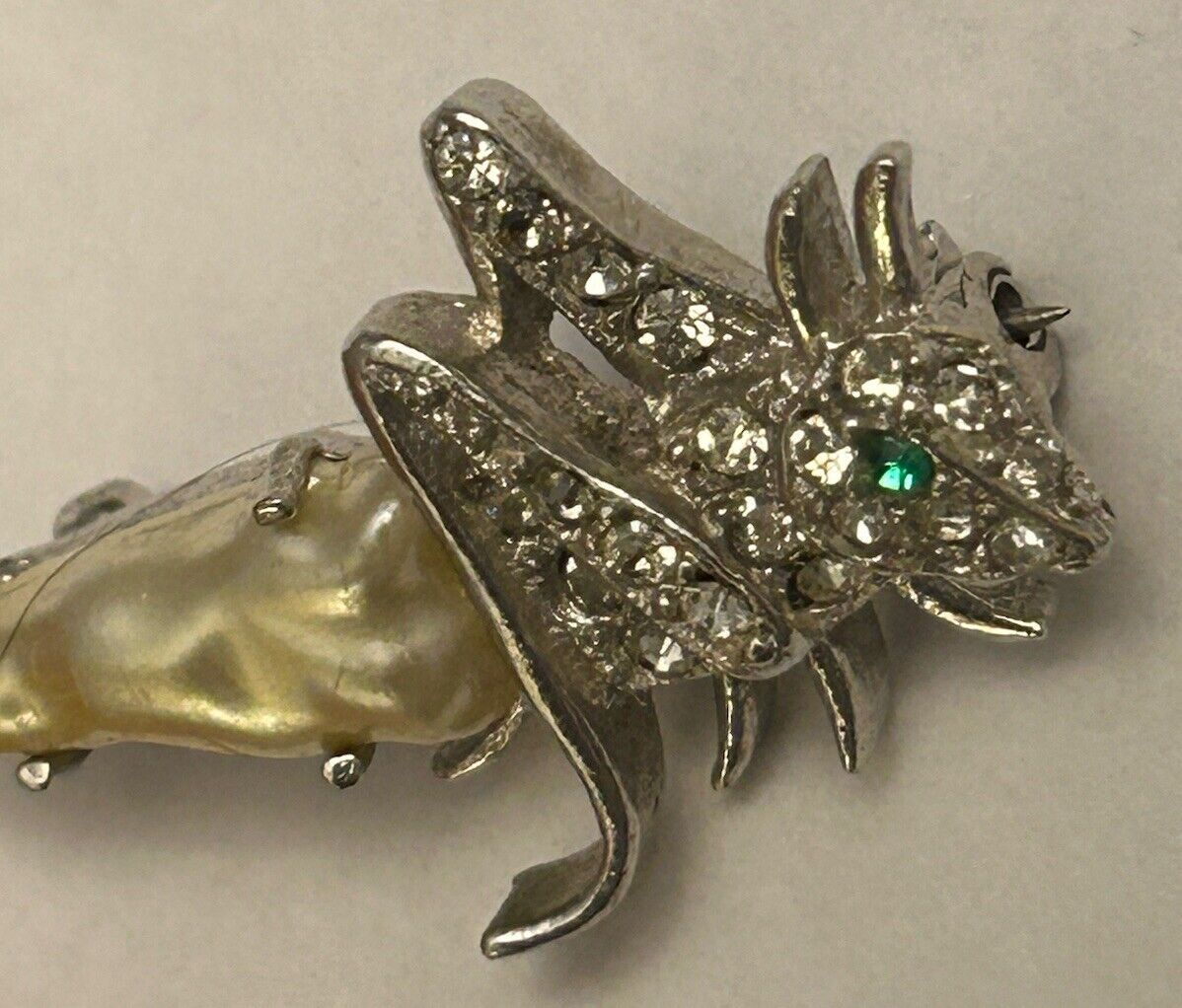 RARE Vintage Crown Trifari Pearl Belly Grasshopper Cricket Pin Rhinestone Brooch - Vintage Jewelry Collective