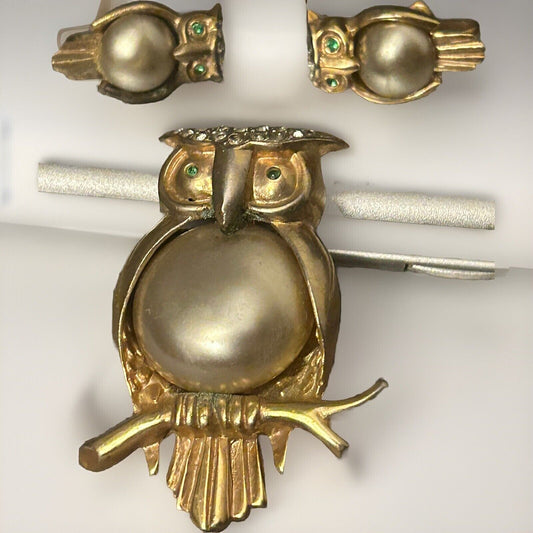 Vintage Owl Pearl Belly Rhinestone Brooch Pin & Earring Set Marslieu Pearsall - Vintage Jewelry Collective