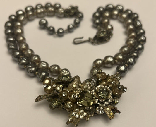 Vintage Vendome Metal Flower Necklace Baroque Pearl Rhinestone Crystal Prototype - Vintage Jewelry Collective