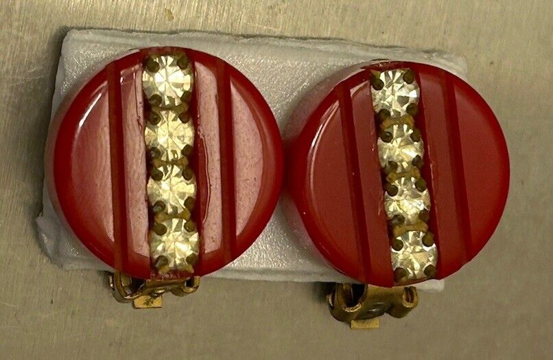 Vintage Carved RED Bakelite Rhinestone Clip-On Earrings THICK Art Deco French - Vintage Jewelry Collective