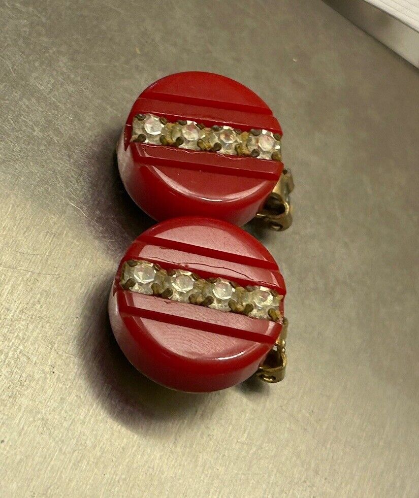 Vintage Carved RED Bakelite Rhinestone Clip-On Earrings THICK Art Deco French - Vintage Jewelry Collective