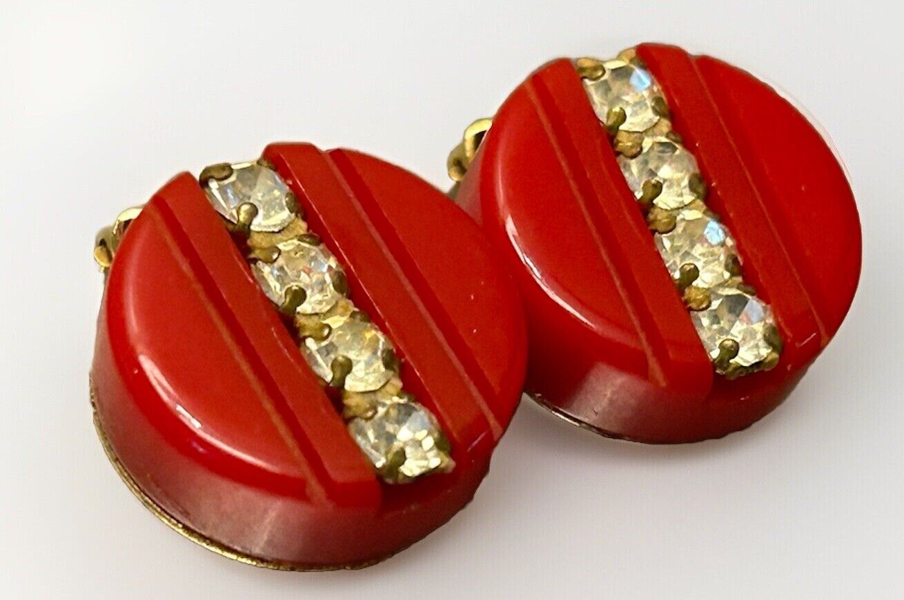 Vintage Carved RED Bakelite Rhinestone Clip-On Earrings THICK Art Deco French - Vintage Jewelry Collective