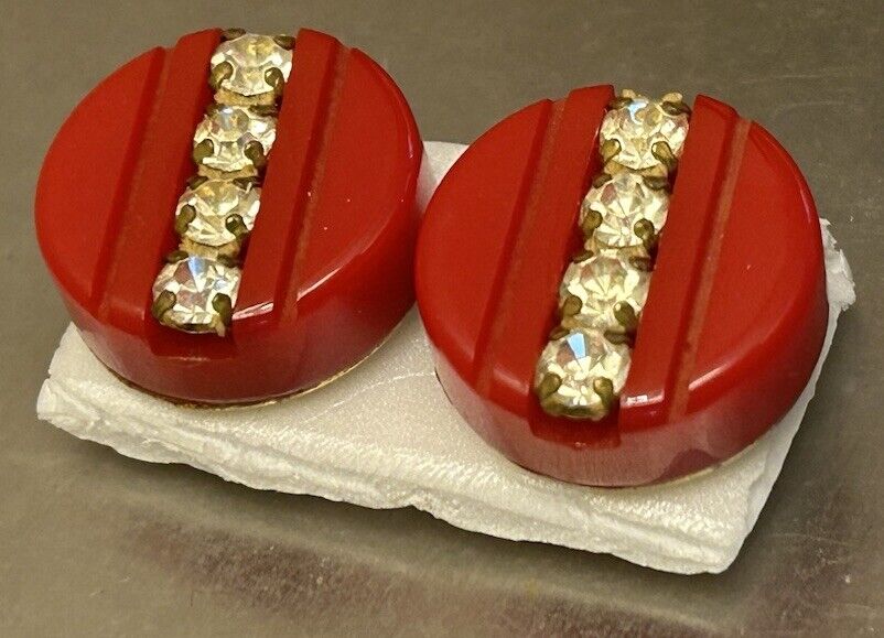 Vintage Carved RED Bakelite Rhinestone Clip-On Earrings THICK Art Deco French - Vintage Jewelry Collective