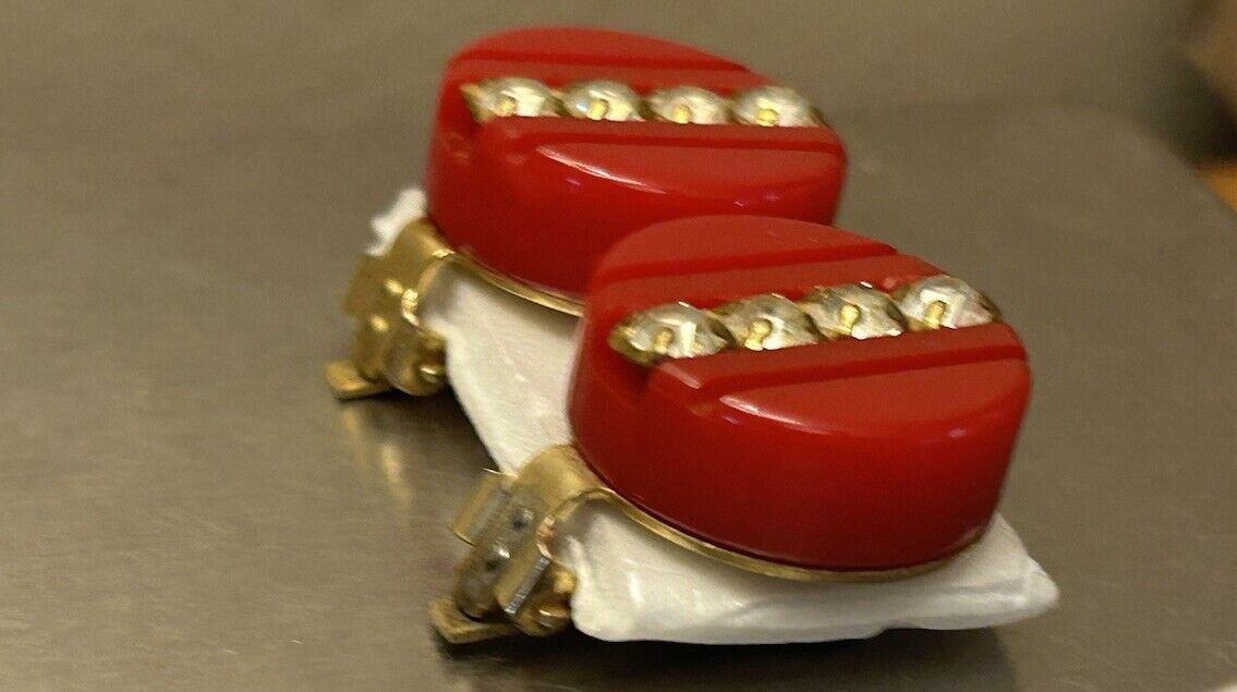 Vintage Carved RED Bakelite Rhinestone Clip-On Earrings THICK Art Deco French - Vintage Jewelry Collective