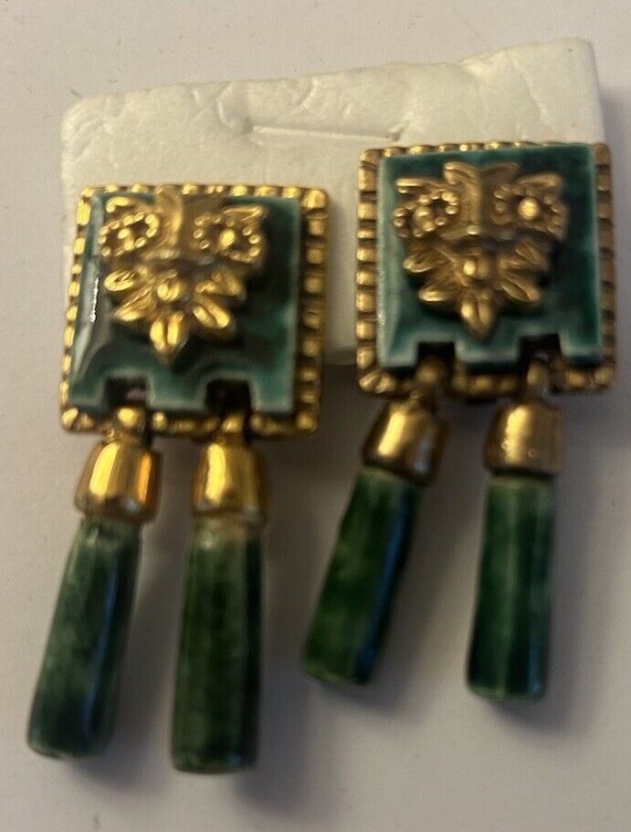 Vintage Modernist Earrings 1960’s Aztec 22kt GP Porcelain Dangle Salvador Teran - Vintage Jewelry Collective