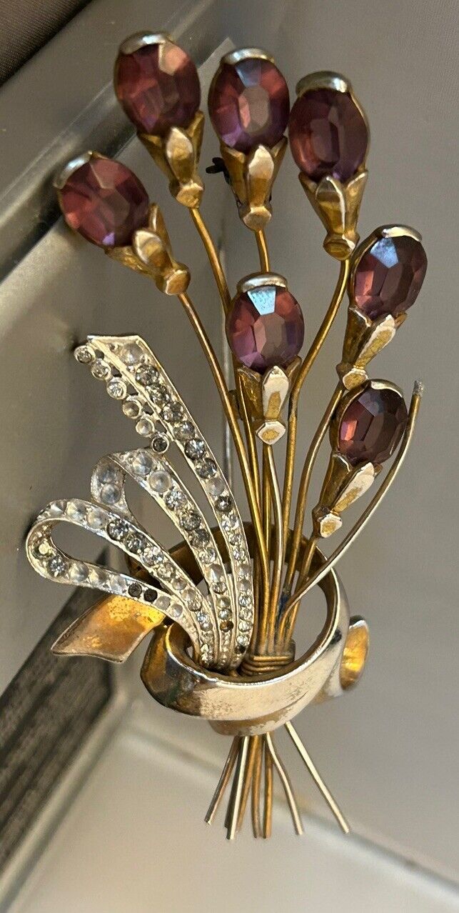 Vintage Large Amethyst Glass Rhinestone Flower Bouquet Brooch Wire Spray Pin 4” - Vintage Jewelry Collective