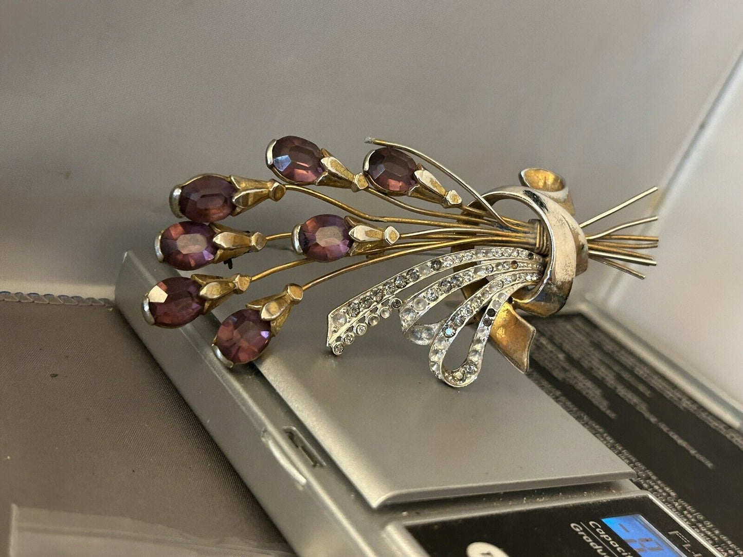 Vintage Large Amethyst Glass Rhinestone Flower Bouquet Brooch Wire Spray Pin 4” - Vintage Jewelry Collective