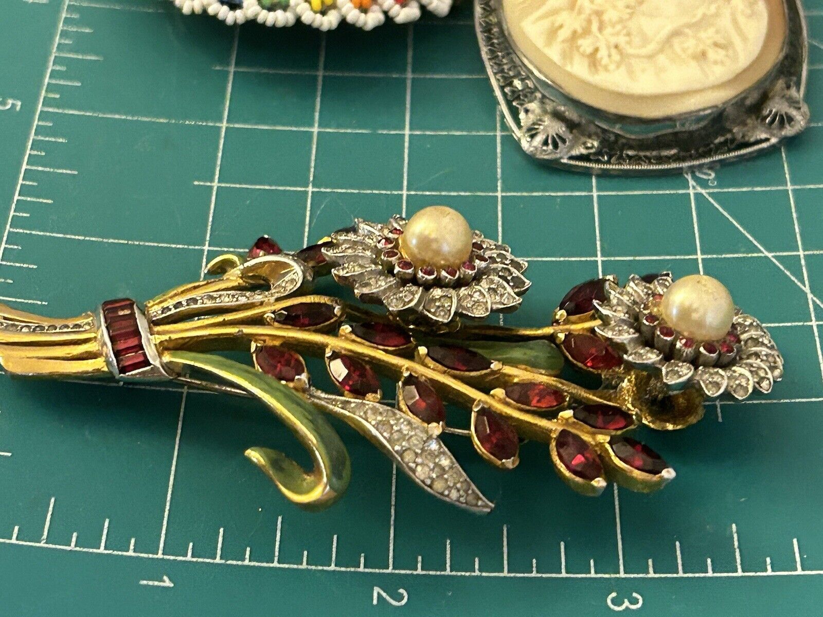 Vintage Paste Pearl Rhinestone Flower Brooch Bouquet Huge 3-D Figural Pin 1940s - Vintage Jewelry Collective