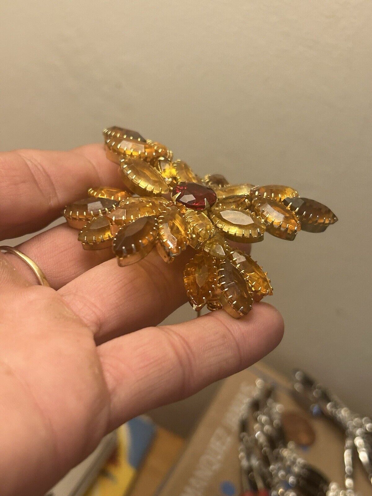 Huge Vintage Glass Rhinestone Brooch Pin Costume Jewelry Pin Brooch Dogtooth Set - Vintage Jewelry Collective