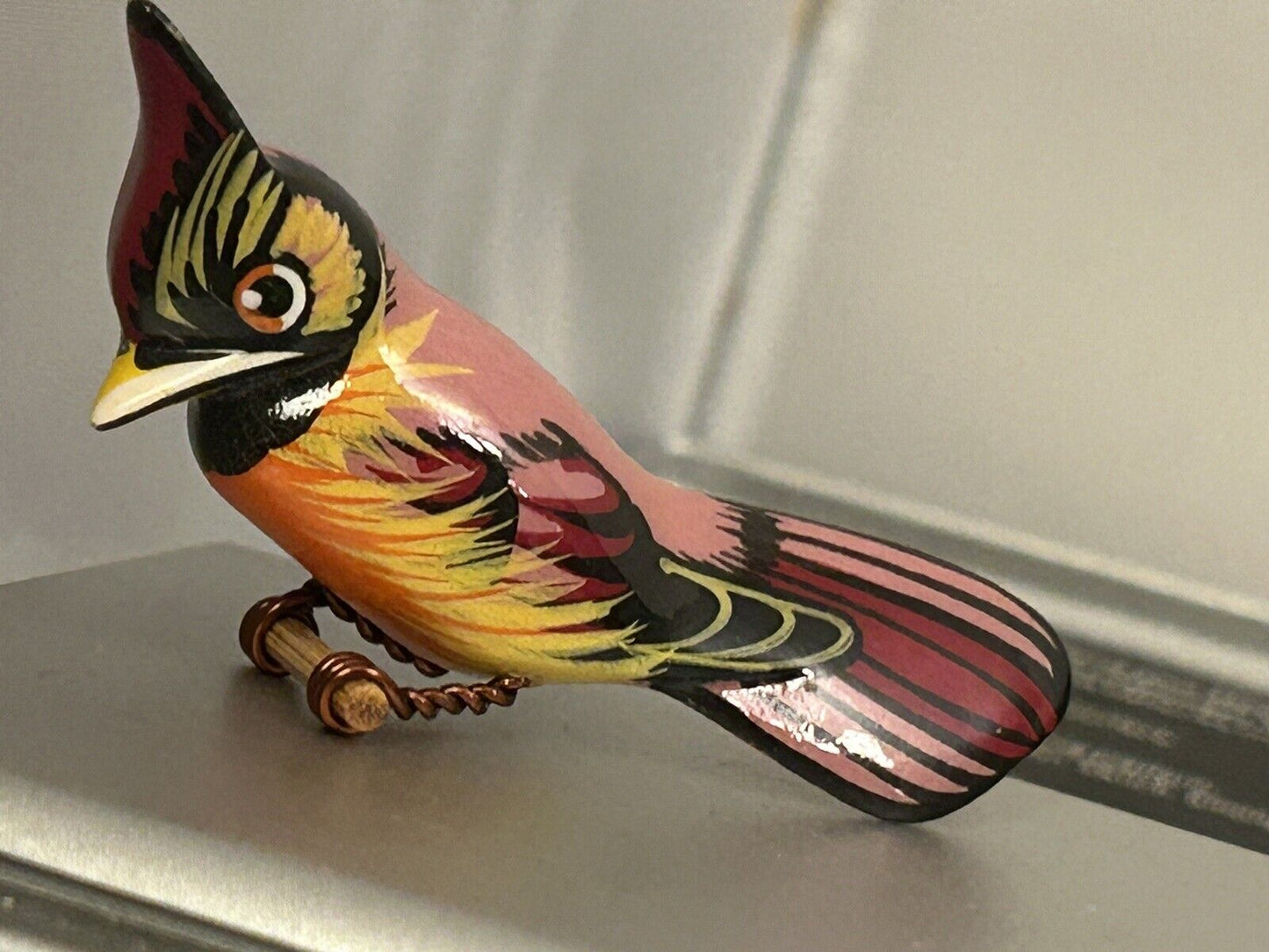 Vintage Cardinal Bird Hand Carved Painted Hardwood Brooch Pin Not Takahashi - Vintage Jewelry Collective