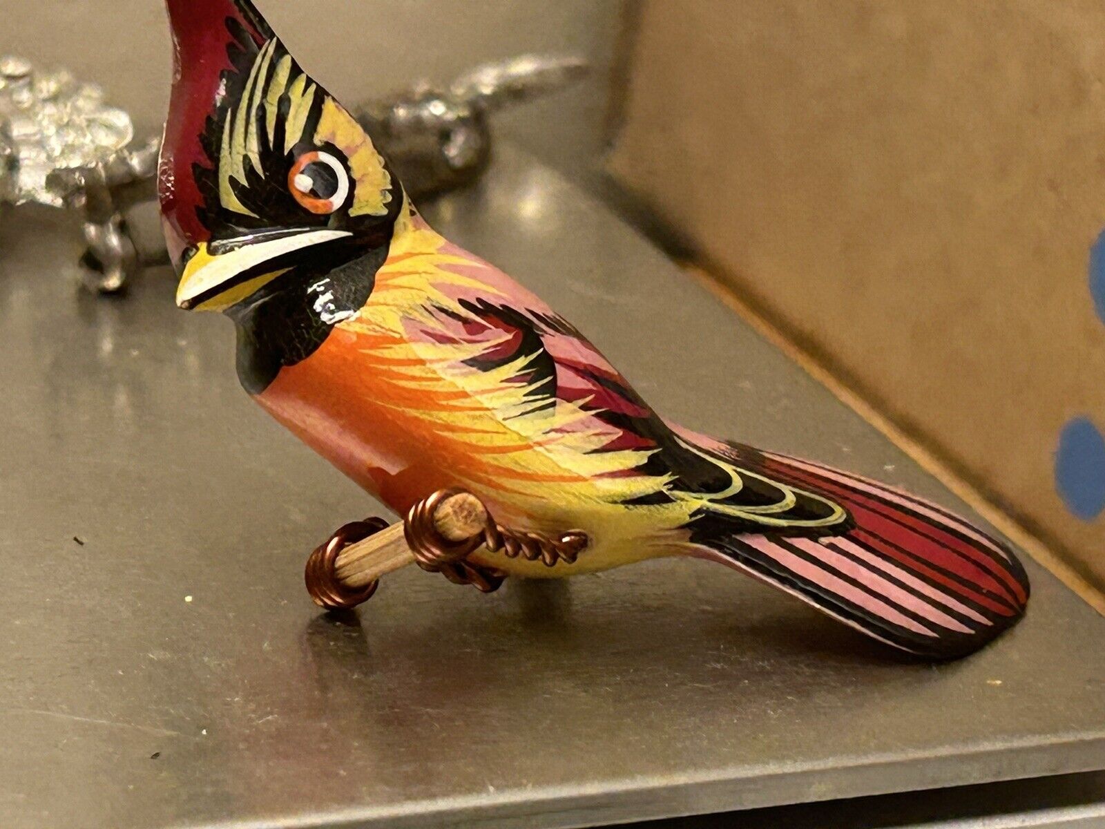 Vintage Cardinal Bird Hand Carved Painted Hardwood Brooch Pin Not Takahashi - Vintage Jewelry Collective