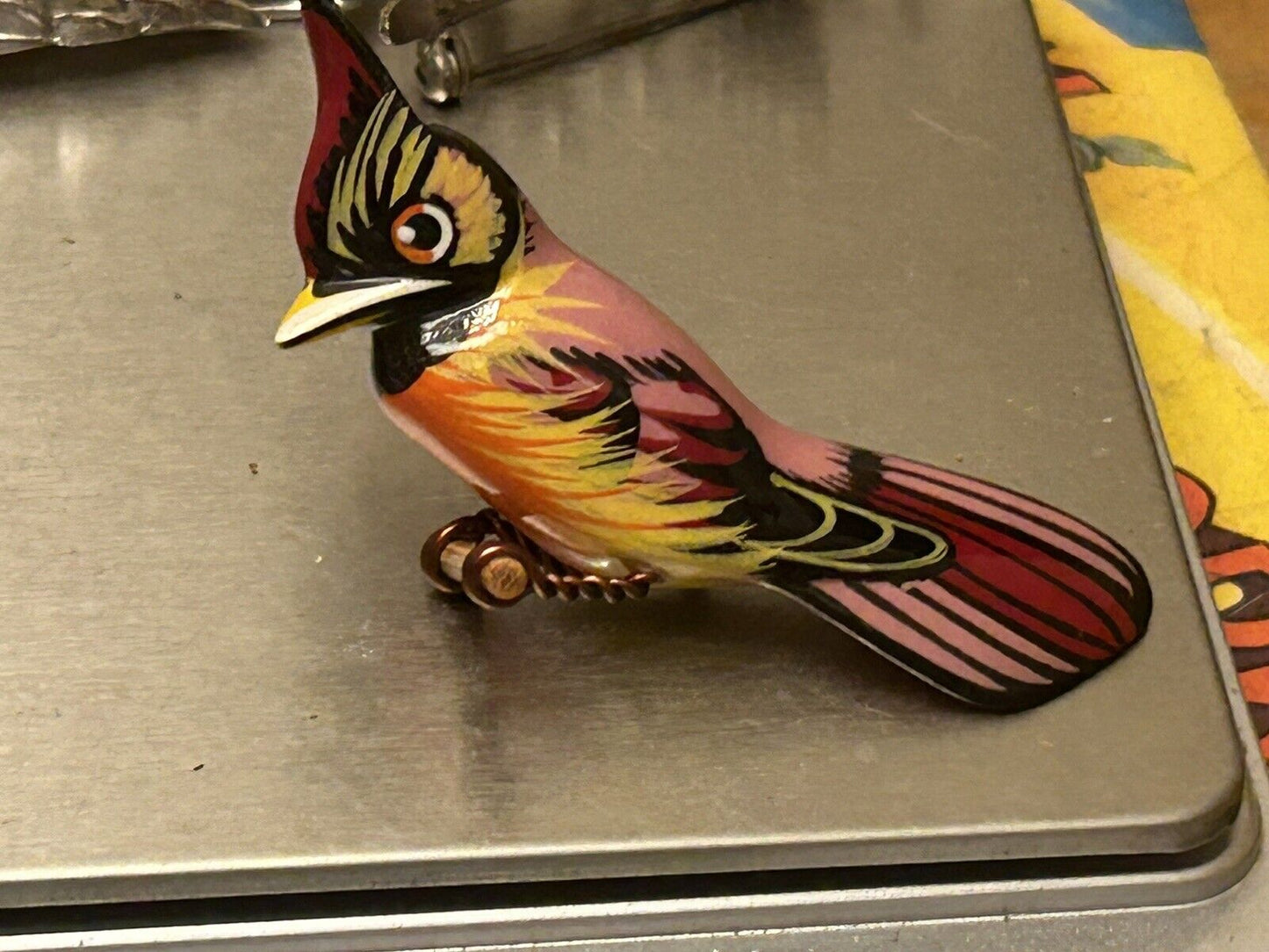 Vintage Cardinal Bird Hand Carved Painted Hardwood Brooch Pin Not Takahashi - Vintage Jewelry Collective