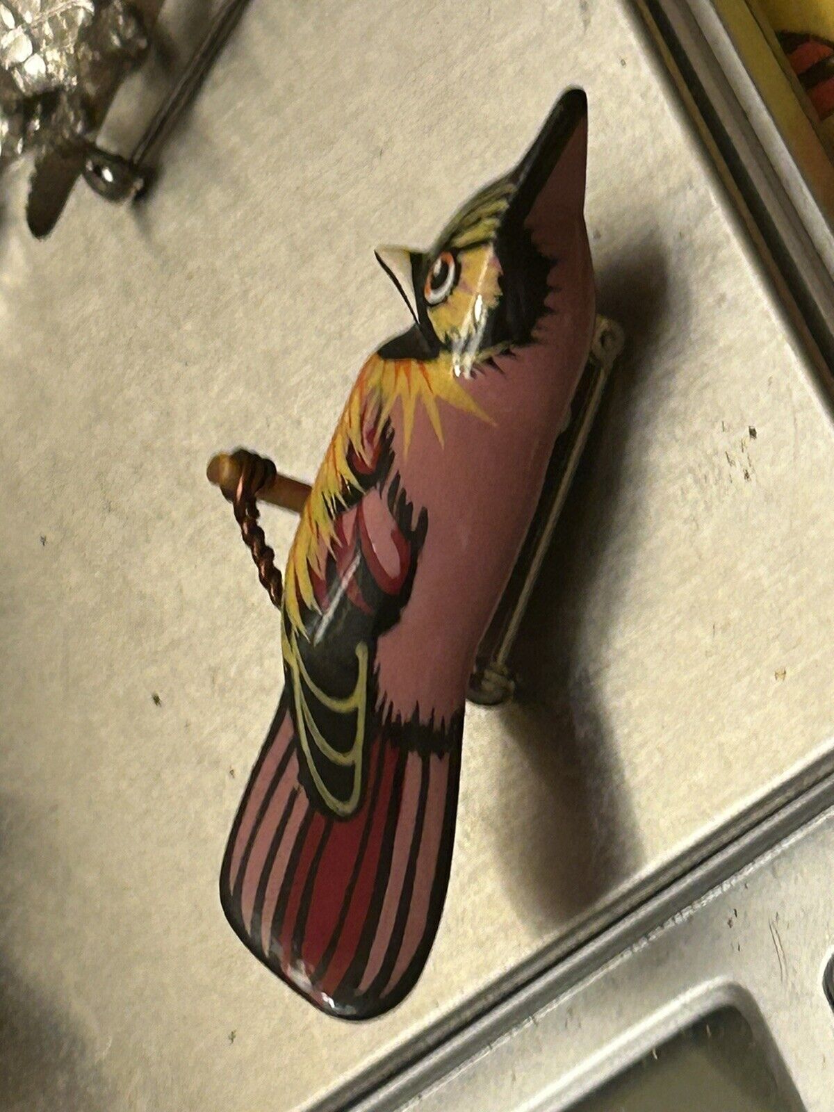 Vintage Cardinal Bird Hand Carved Painted Hardwood Brooch Pin Not Takahashi - Vintage Jewelry Collective