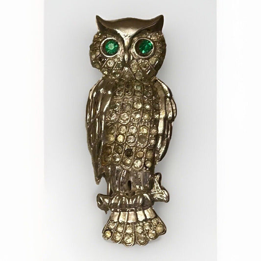 Vintage Rhinestone Owl Fur Clip Brooch Pin Figural Animal BIRD 1938-42 Era - Vintage Jewelry Collective