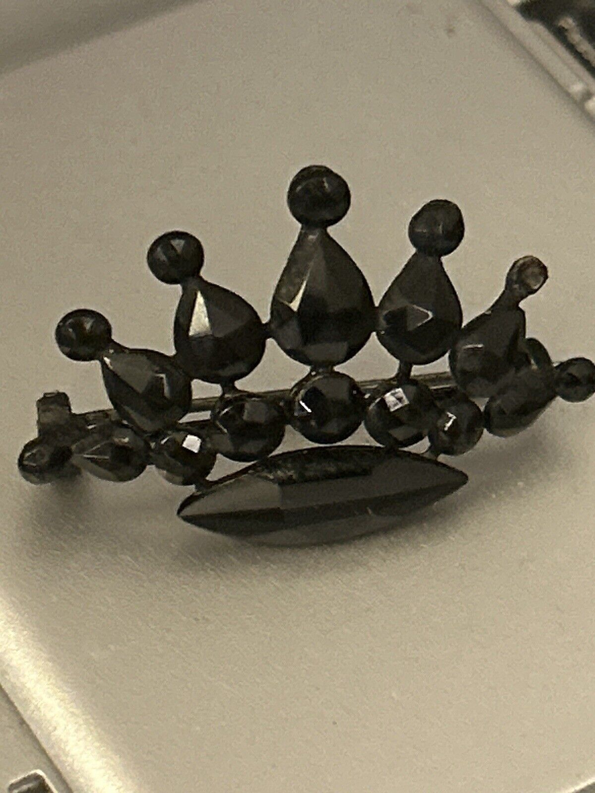 Victorian Crown Brooch Black Iron C Clasp Mourning  Black Jet Faceted Pin - Vintage Jewelry Collective