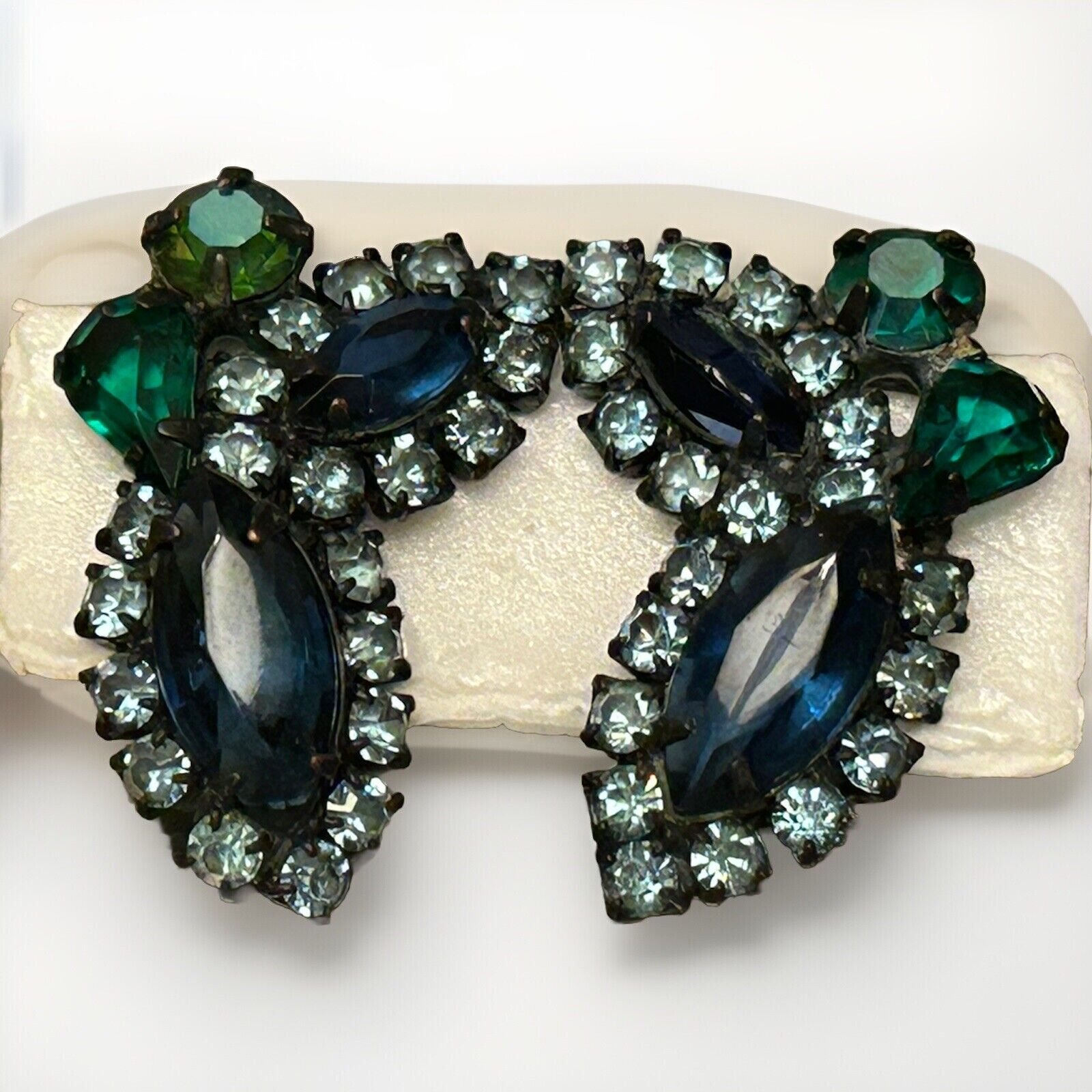 Vintage Weiss Earrings Ever Blue Green Open Back Glass Rhinestone Black Metal - Vintage Jewelry Collective