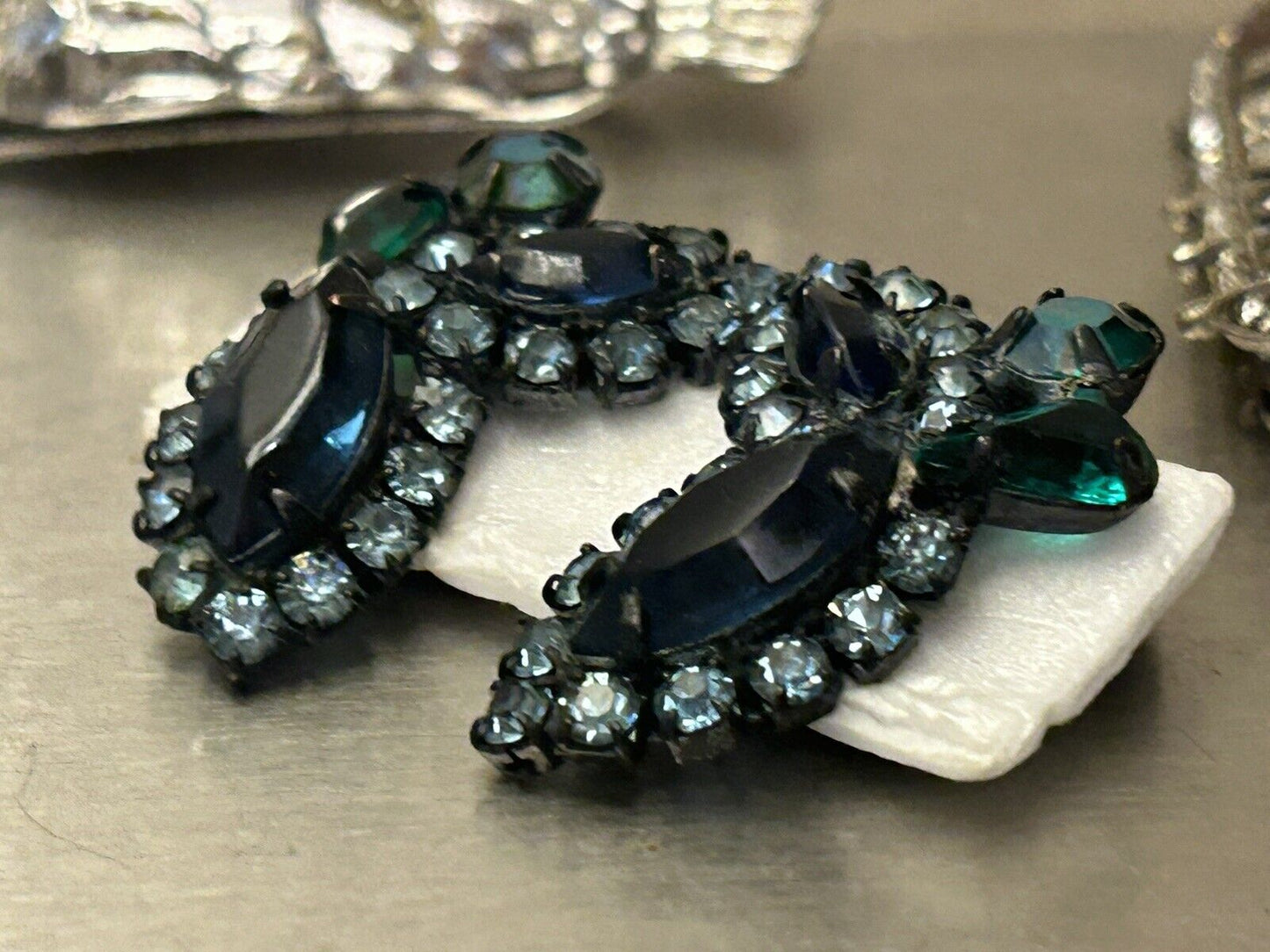 Vintage Weiss Earrings Ever Blue Green Open Back Glass Rhinestone Black Metal - Vintage Jewelry Collective