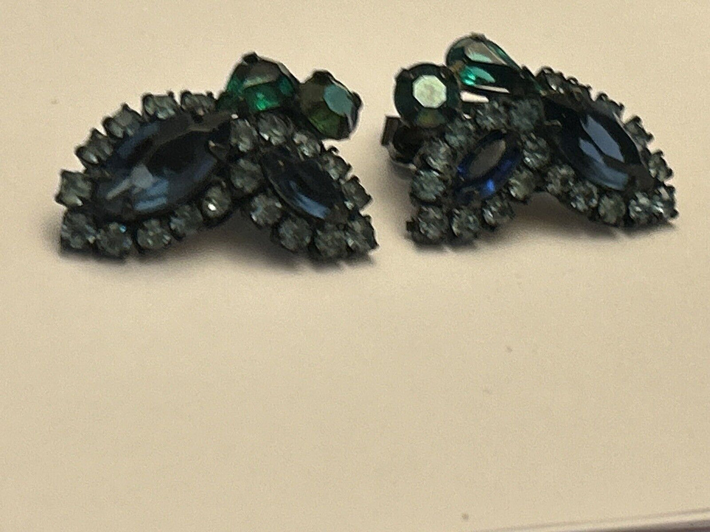 Vintage Weiss Earrings Ever Blue Green Open Back Glass Rhinestone Black Metal - Vintage Jewelry Collective