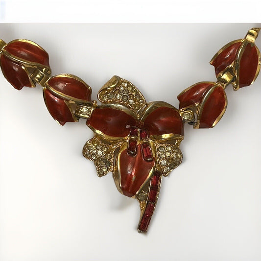 Vintage Coro Lily Flower Necklace Shiny Red Enamel Rhinestone Early 1940 Era - Vintage Jewelry Collective