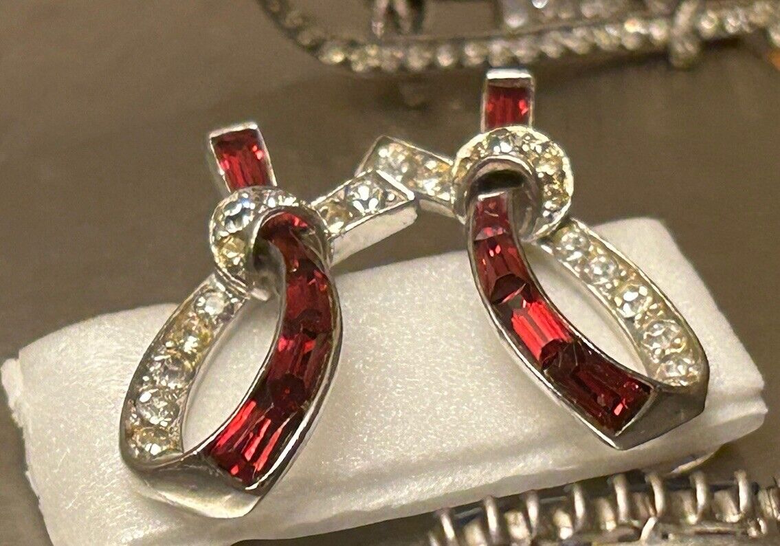 Vintage Marcel Boucher Rhinestone Earrings Red Clear Crystal Signed Phyigran Cap - Vintage Jewelry Collective