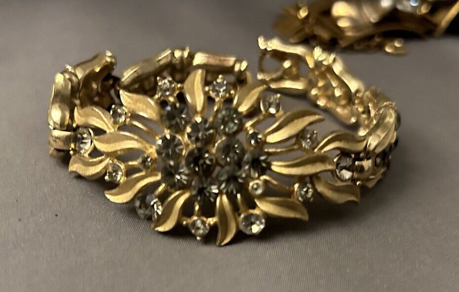 Vintage Trifari Smoke Gray Rhinestone Spray Bracelet Matte Gold Tone - Vintage Jewelry Collective