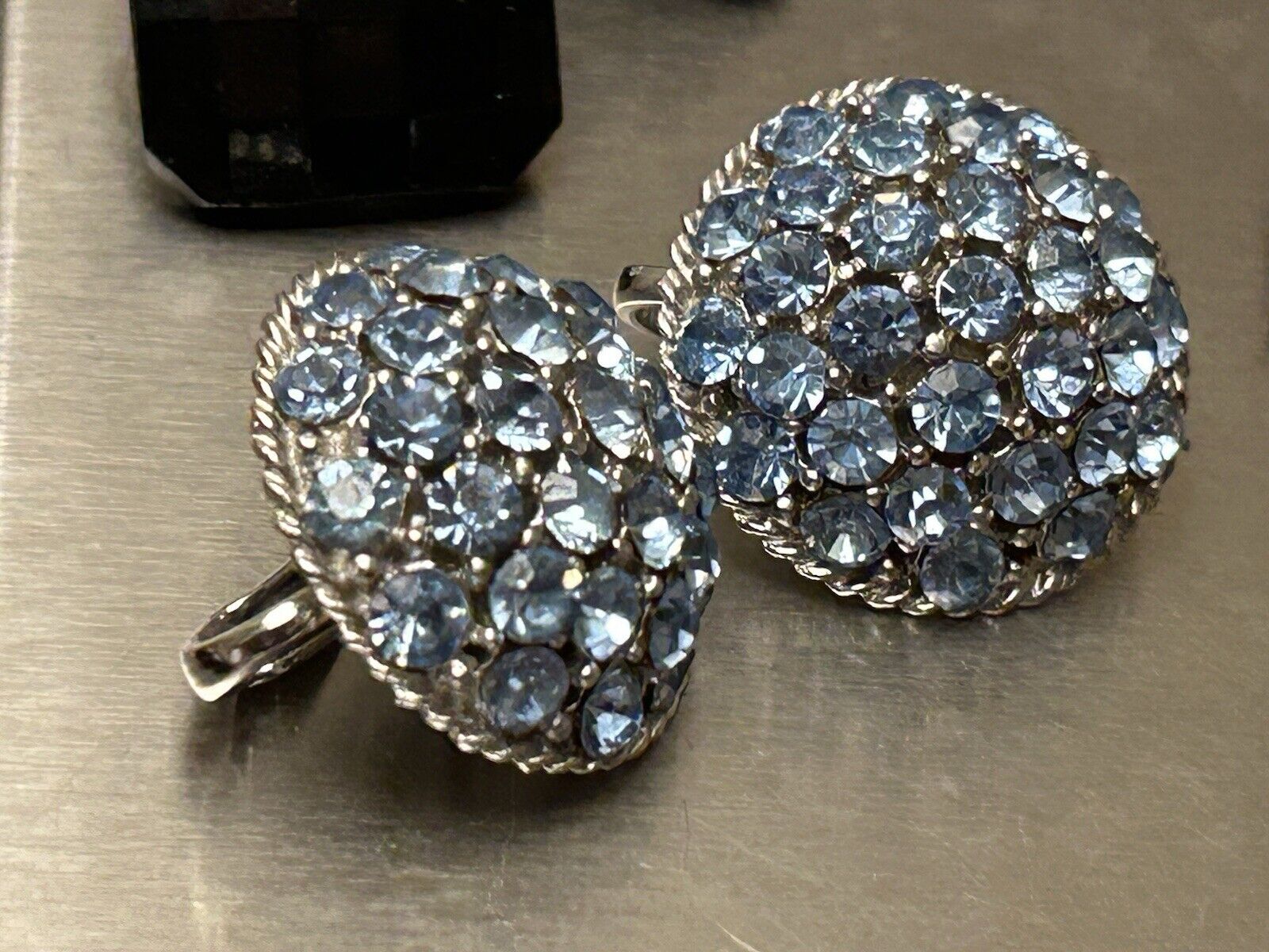 Vintage Trifari Powder Blue Pave Rhinestone Dome Earrings Philippe - Vintage Jewelry Collective