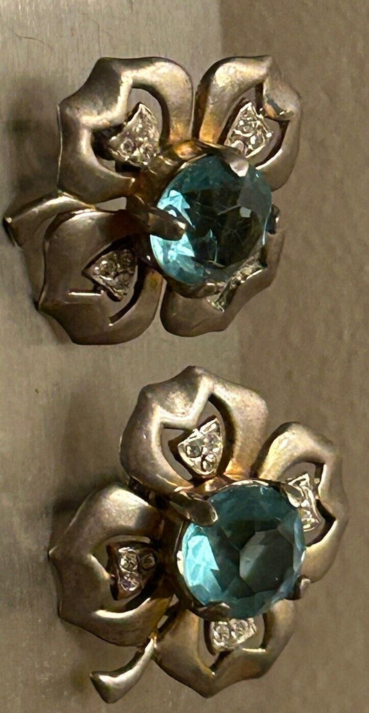 Vintage Aquamarine Sterling Glass Rhinestone Flower Clover Earrings 1940s Reja - Vintage Jewelry Collective