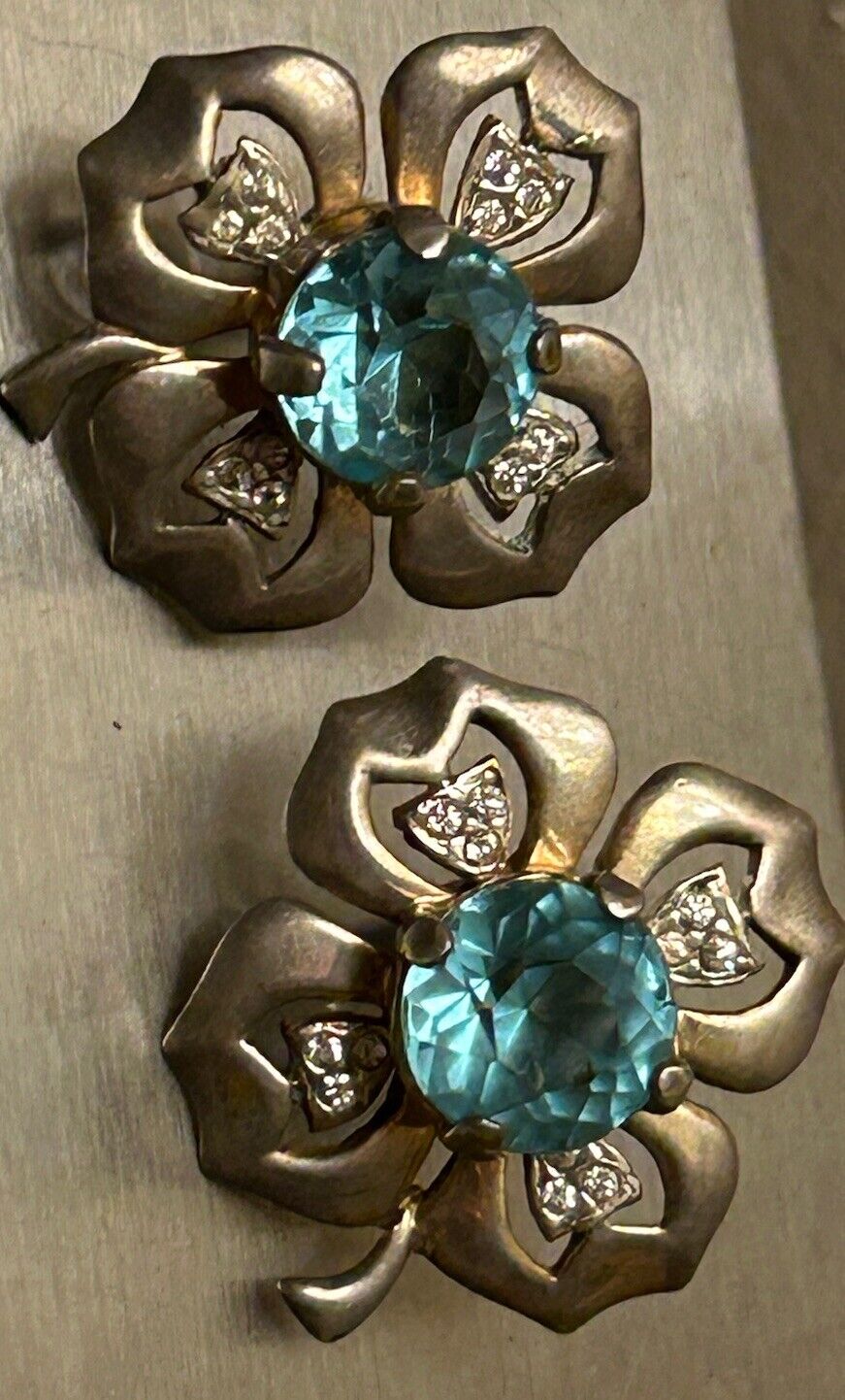 Vintage Aquamarine Sterling Glass Rhinestone Flower Clover Earrings 1940s Reja - Vintage Jewelry Collective