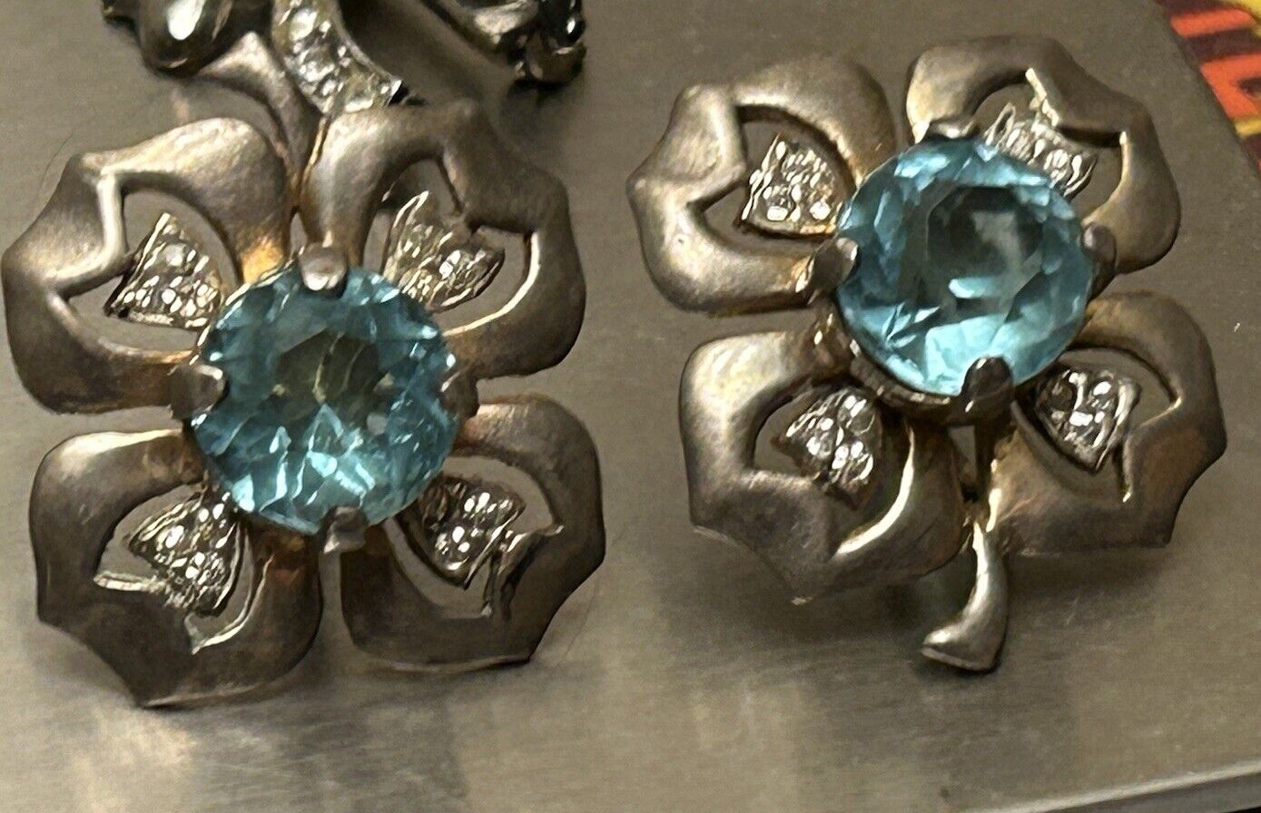 Vintage Aquamarine Sterling Glass Rhinestone Flower Clover Earrings 1940s Reja - Vintage Jewelry Collective